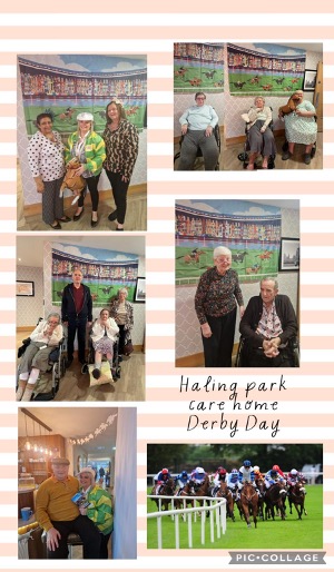A collage of photos of our residents celebrating Derby Day at Haling Park Care Home